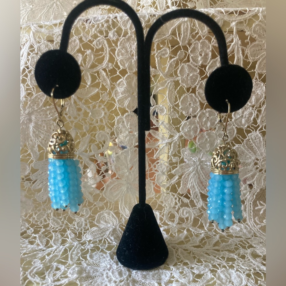 Tassel Earrings with Baby Blue Crystals 2 1/4” Fun!